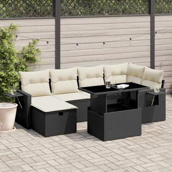 Salon de jardin 7 pcs avec coussins noir résine tressée 62 x 62 x 69 cm - 65,2 kg