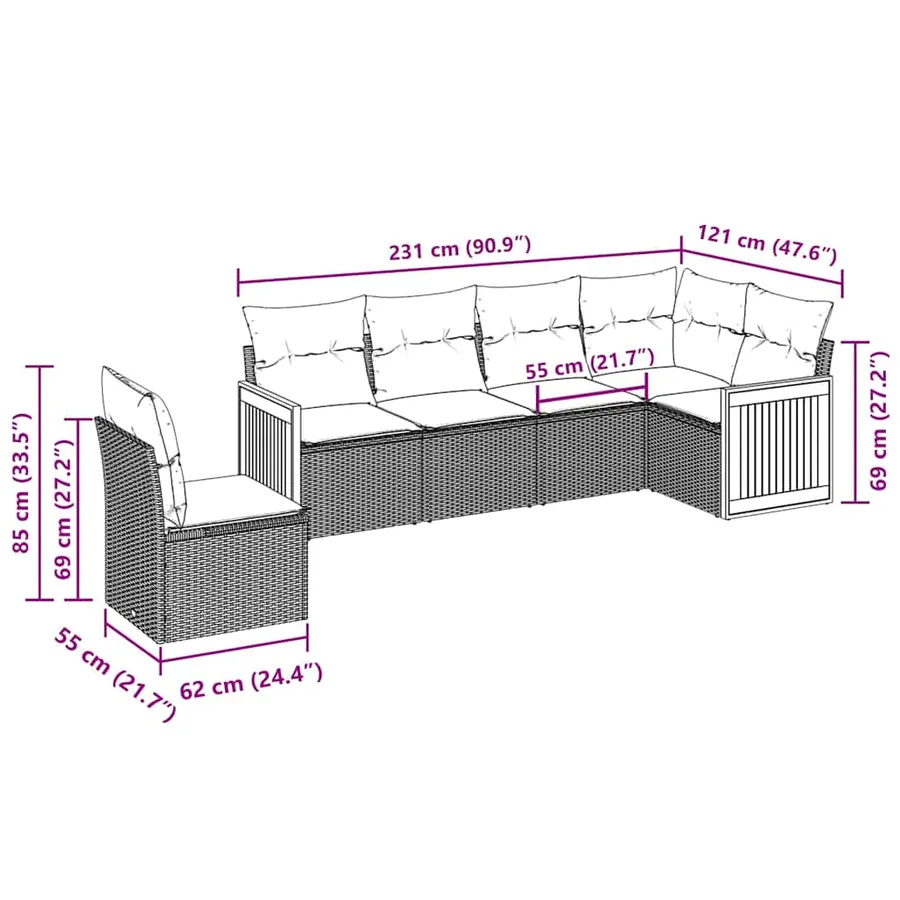 Salon de jardin 6 pcs avec coussins noir résine tressée - 3
