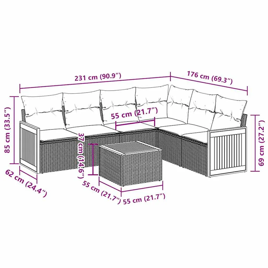Salon de jardin 7 pcs avec coussins noir résine tressée 62 x 62 x 69 cm - 61,2 kg - 3