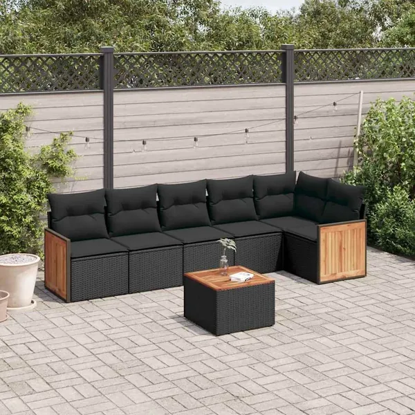 Salon de jardin 7 pcs avec coussins noir résine tressée 62 x 62 x 69 cm - 61,2 kg