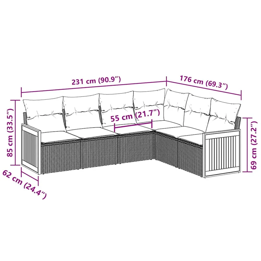 Salon de jardin 6 pcs avec coussins noir résine tressée - 3
