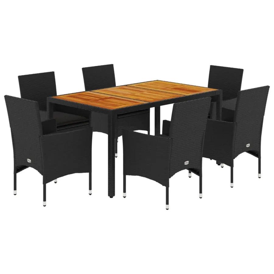 Ensemble à manger de jardin et coussins 7pcs noir rotin acacia - 2