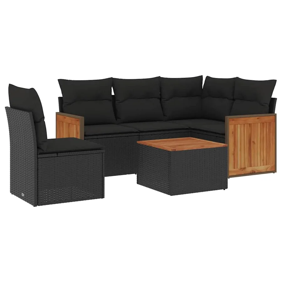 Salon de jardin 6 pcs avec coussins noir résine tressée - 2
