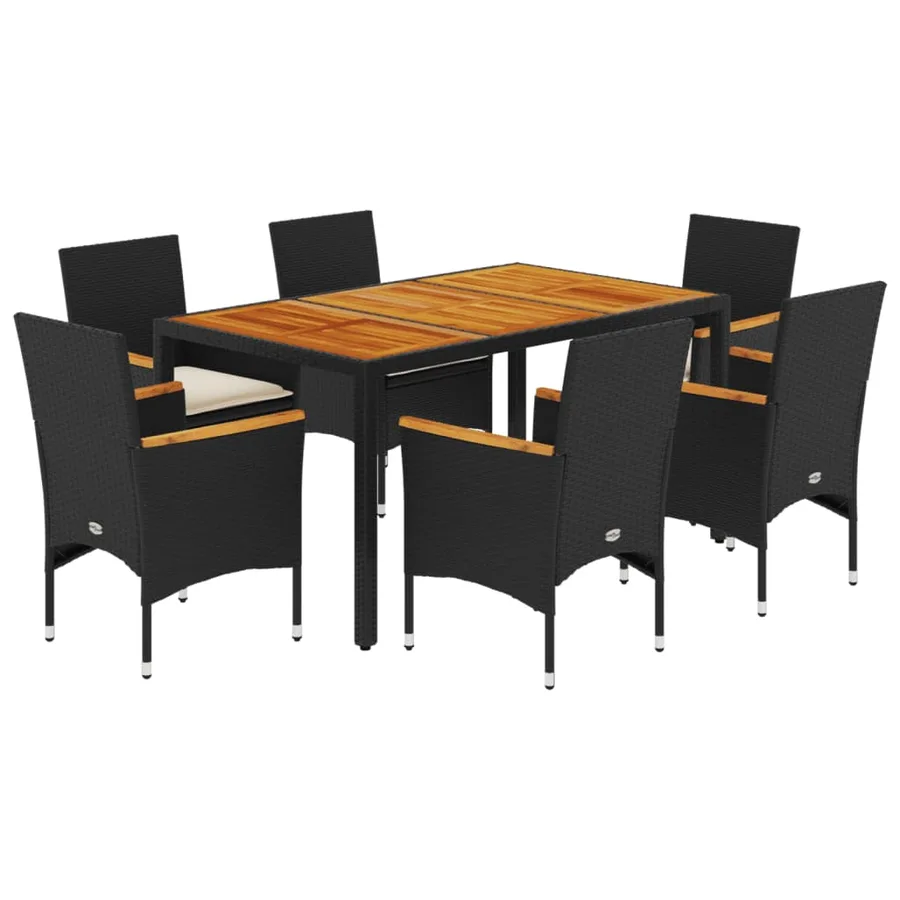 Ensemble à manger de jardin et coussins 7pcs noir rotin acacia - 2