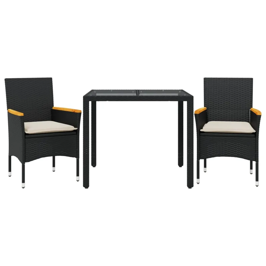 Ensemble à manger de jardin et coussins 3 pcs noir rotin verre - 2