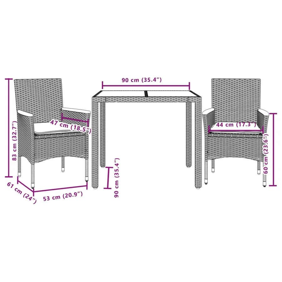 Ensemble à manger de jardin et coussins 3 pcs noir rotin verre - 7
