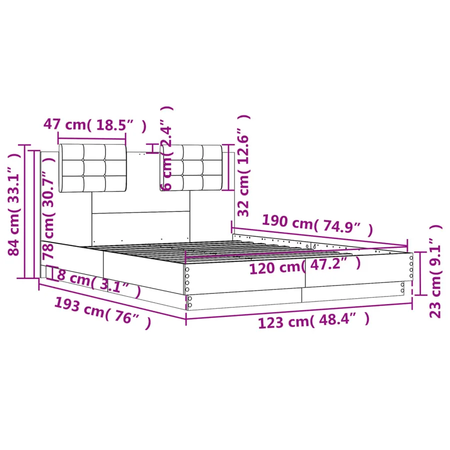 Cadre de lit sans matelas gris béton 120x190 cm - 9