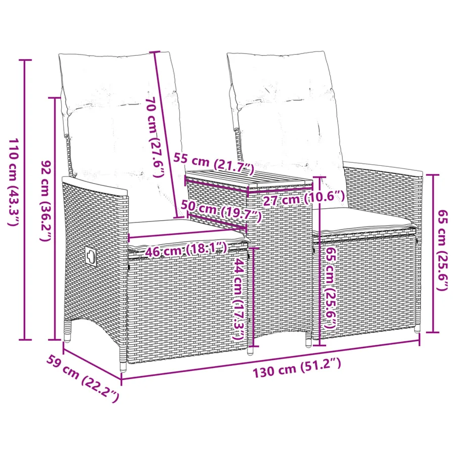 Canapé de jardin inclinable 2 places avec table noir poly rotin - 10