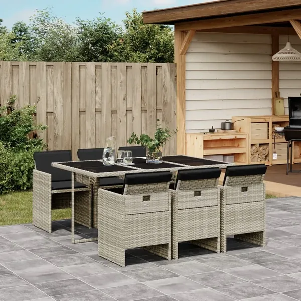 Ensemble à manger de jardin et coussins 7 pcs gris clair rotin