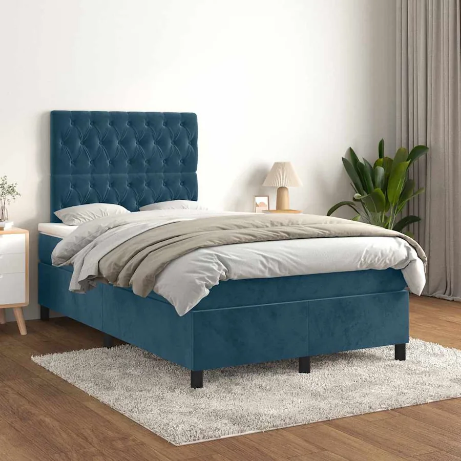 Sommier à lattes de lit et matelas bleu foncé 120x190cm velours