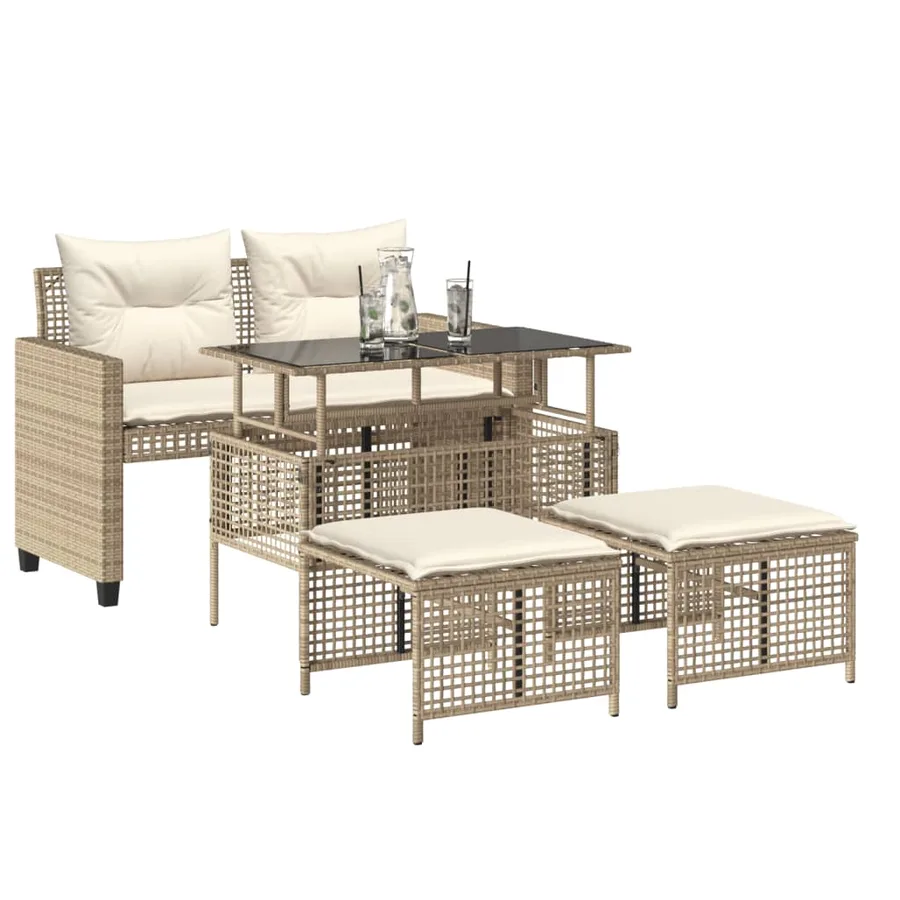 Salon de jardin avec coussins 4 pcs beige résine tressée verre - 3