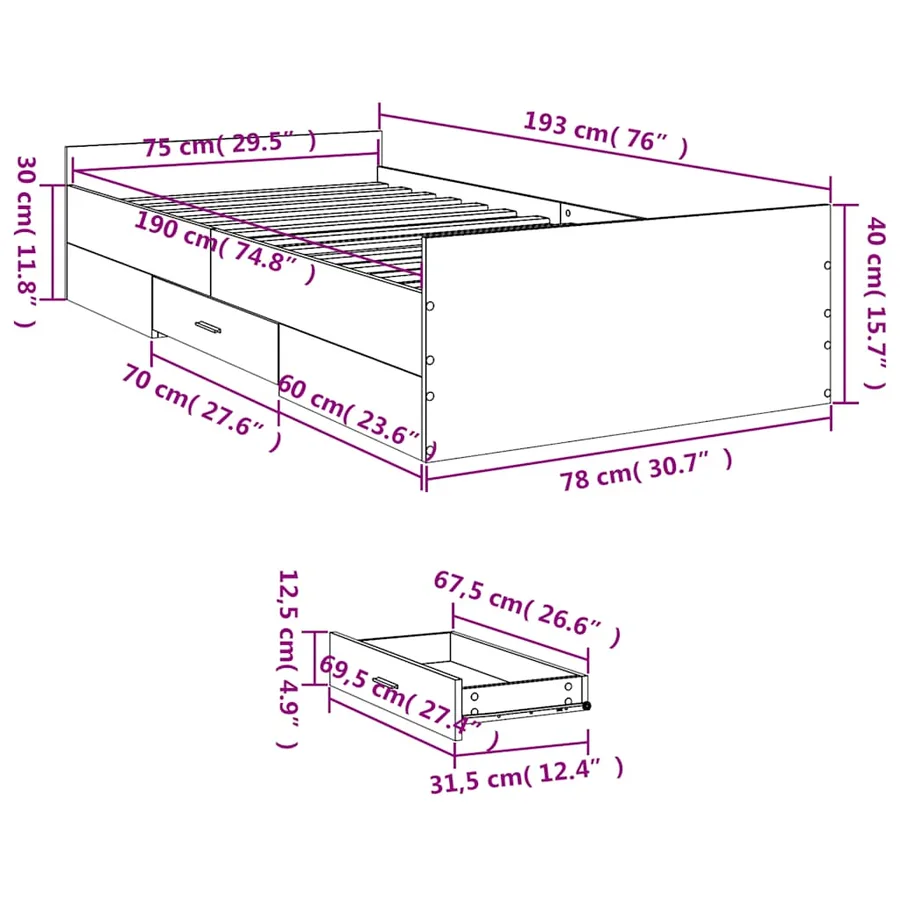 Cadre de lit avec tiroirs sans matelas chêne marron 75x190 cm - 11