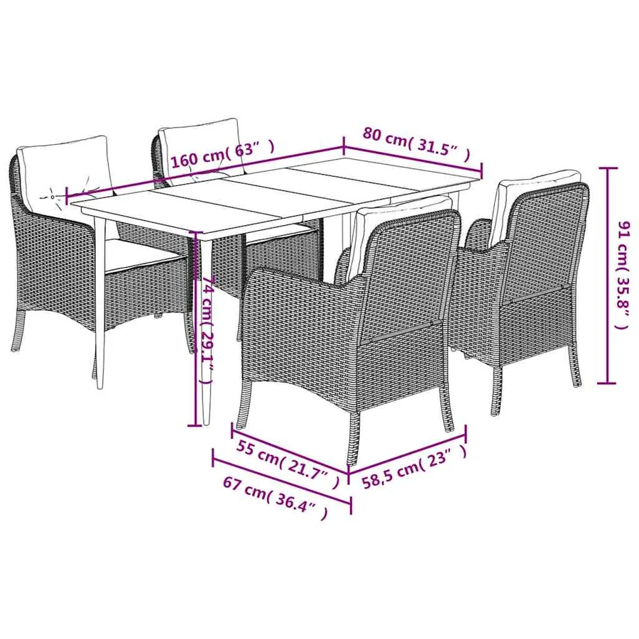 Ensemble à manger de jardin 5 pcs et coussins marron poly rotin - 7