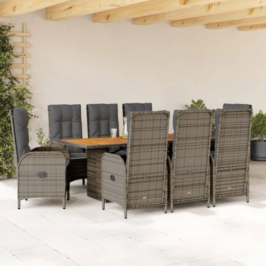 Ensemble à manger de jardin 9 pcs coussins gris résine tressée