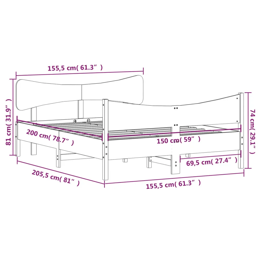 Cadre de lit sans matelas blanc 150x200 cm bois de pin massif - 9
