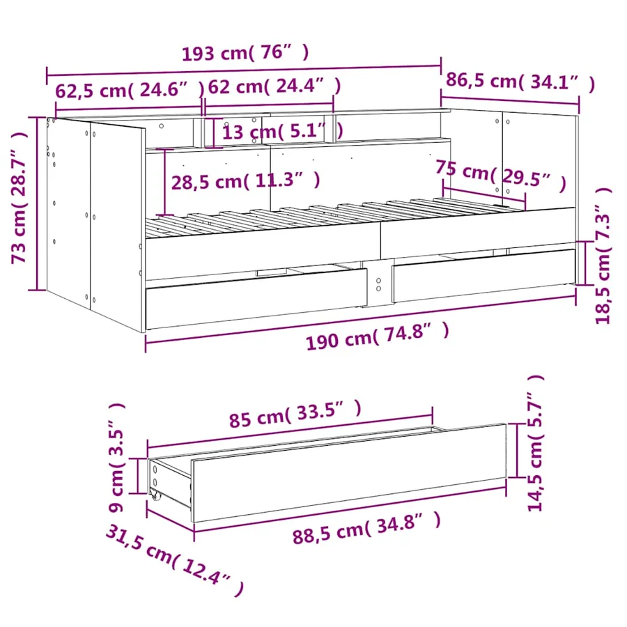 Lit de jour avec tiroirs sans matelas chêne marron 75x190 cm - 10
