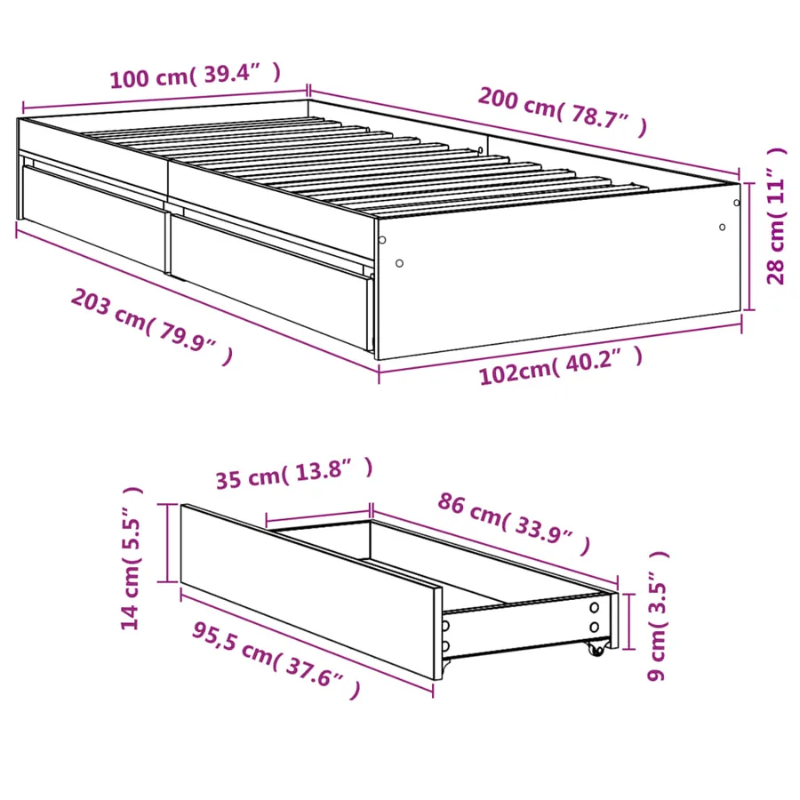 Cadre de lit avec tiroirs sans matelas blanc 100x200 cm - 10
