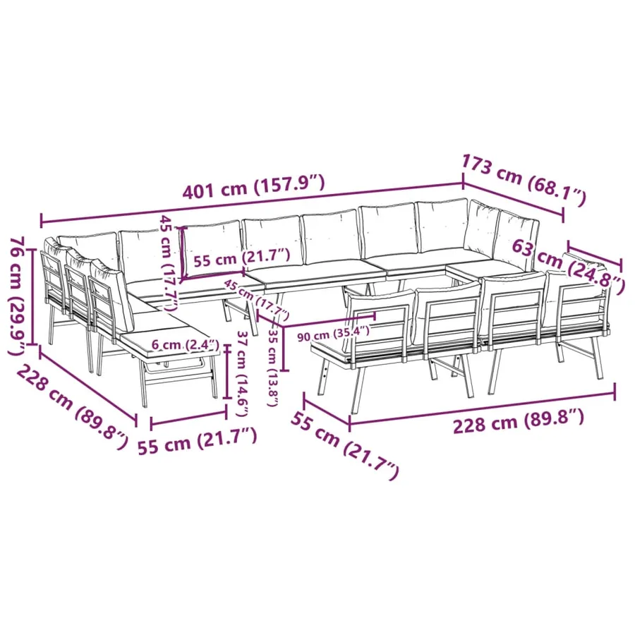 Bancs de jardin avec coussins lot de 8 acier enduit de poudre - 11