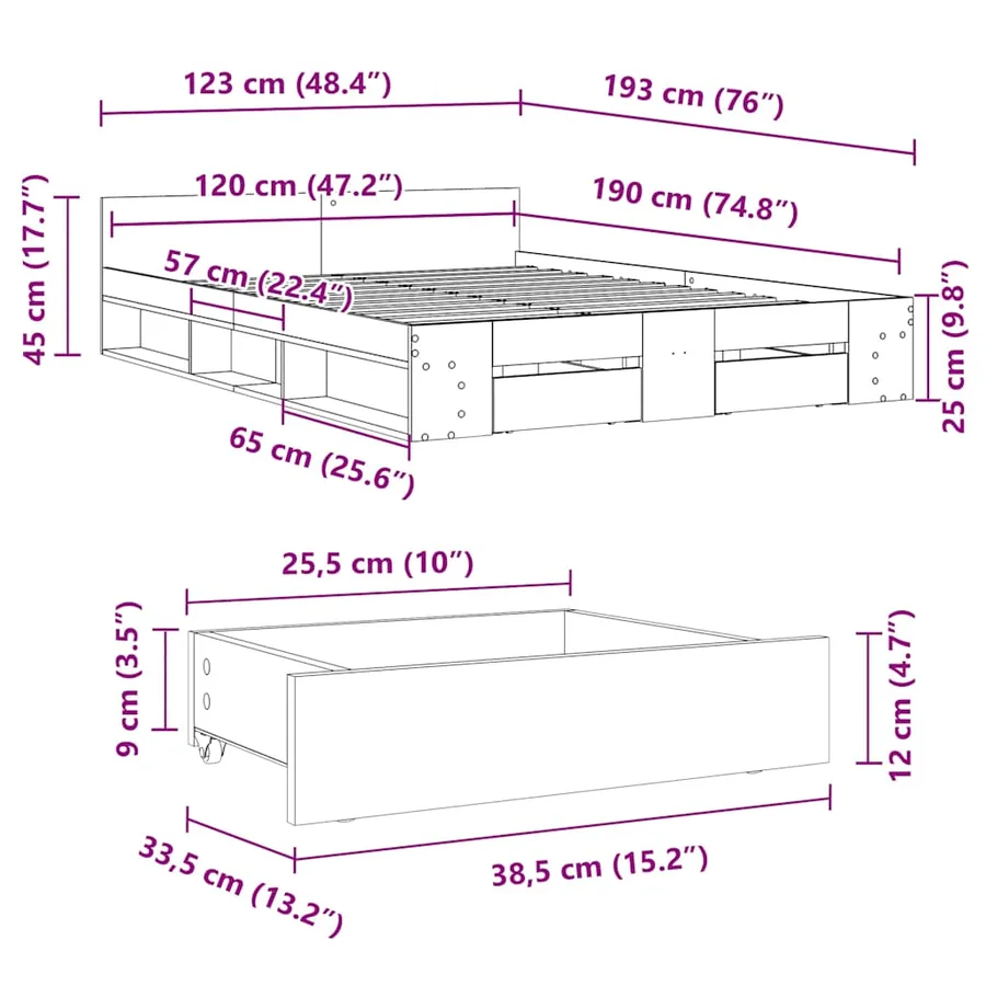 Cadre de lit avec tiroirs sans matelas blanc 120x190 cm - 10