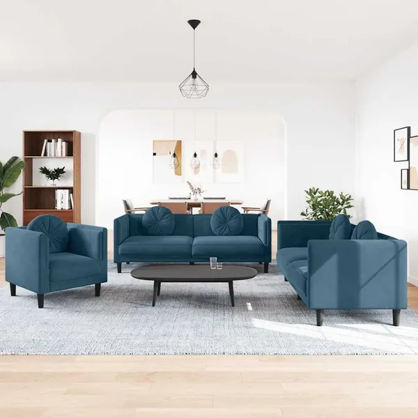 Ensemble de canapés 3 pcs avec coussins bleu velours