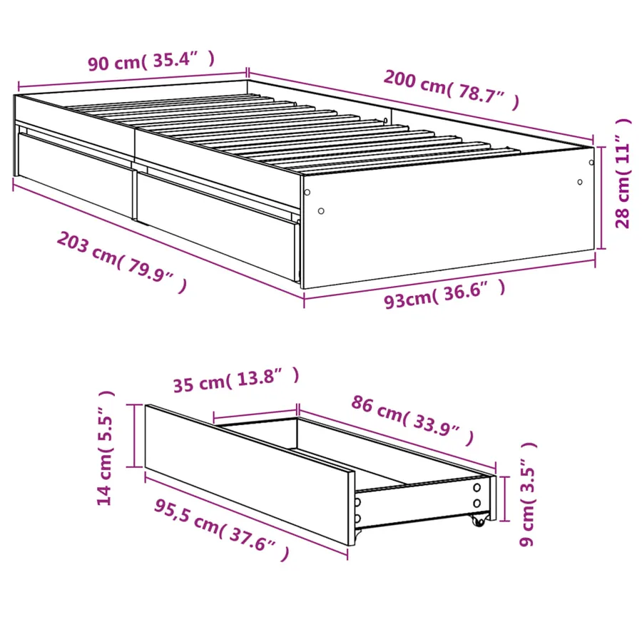 Cadre de lit avec tiroirs sans matelas blanc 90x200 cm - 10
