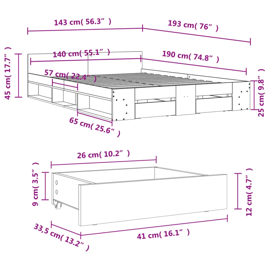 Cadre de lit avec tiroirs sans matelas blanc 140x190 cm - 10