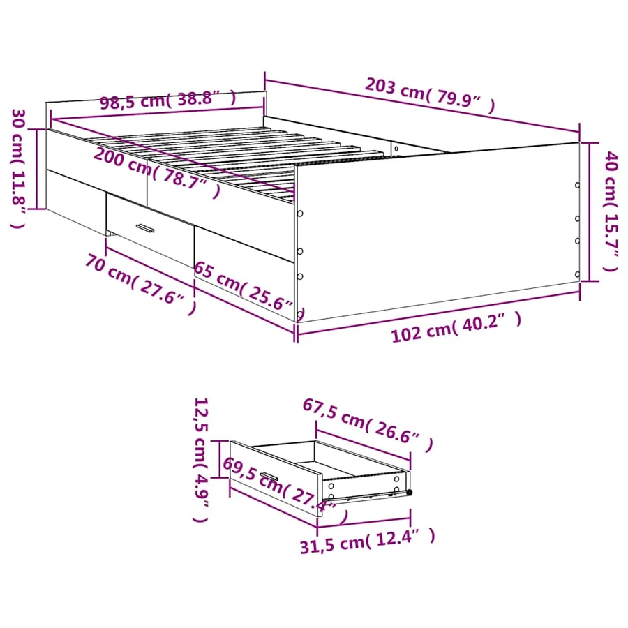Cadre de lit avec tiroirs sans matelas chêne marron 100x200 cm - 11
