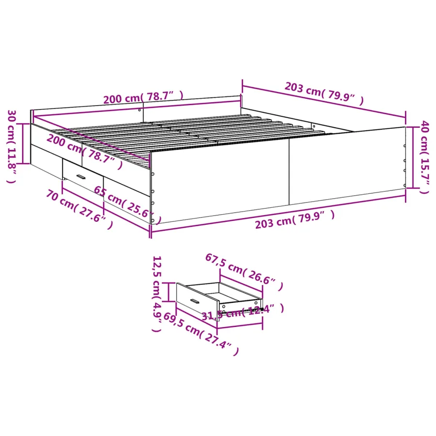 Cadre de lit avec tiroirs sans matelas blanc 200x200 cm - 11