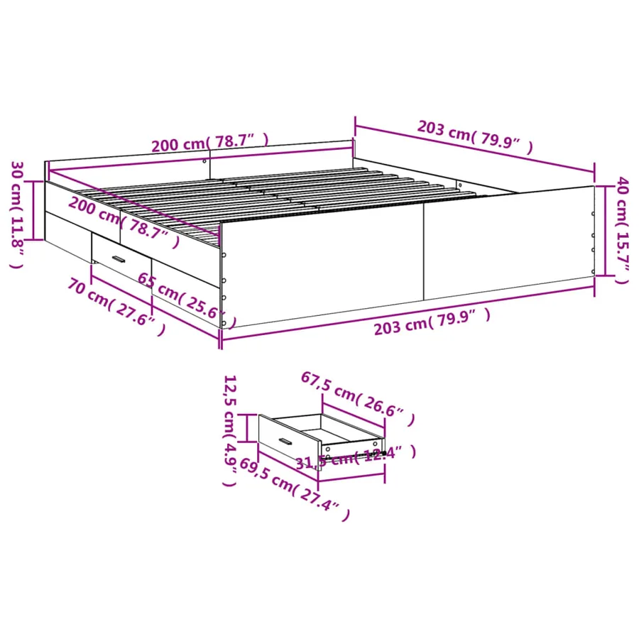 Cadre de lit avec tiroirs sans matelas chêne sonoma 200x200 cm - 11