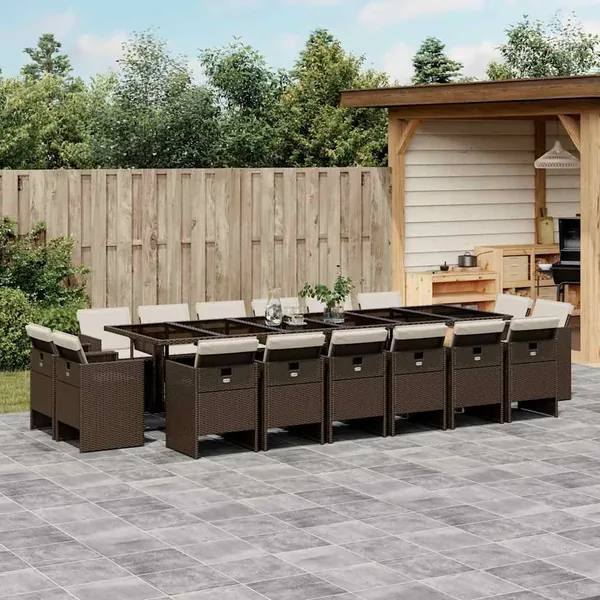 Ensemble à manger de jardin et coussins 17 pcs marron rotin