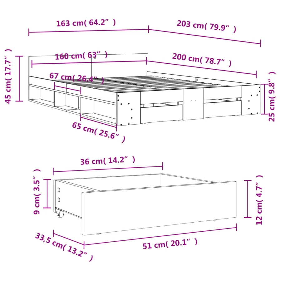 Cadre de lit avec tiroirs sans matelas chêne sonoma 160x200 cm - 10