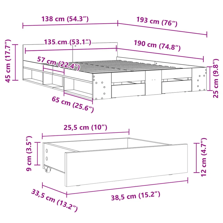 Cadre de lit avec tiroirs sans matelas sonoma gris 135x190 cm - 10