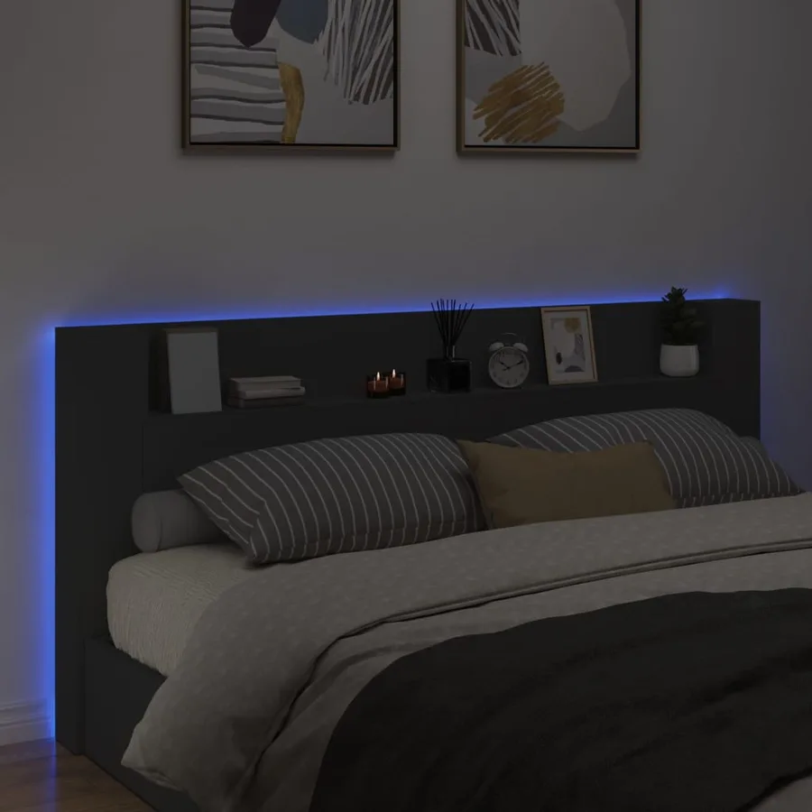 Armoire tête de lit avec LED noir 220x16,5x103,5 cm - 3
