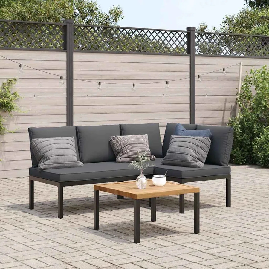 Salon de jardin 3 pcs avec coussins noir aluminium