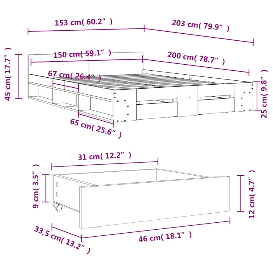 Cadre de lit avec tiroirs sans matelas chêne sonoma 150x200 cm - 10