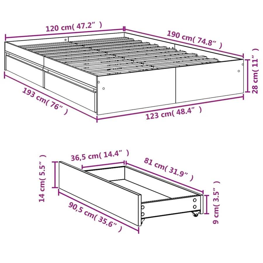 Cadre de lit avec tiroirs sans matelas chêne sonoma 120x190 cm - 10