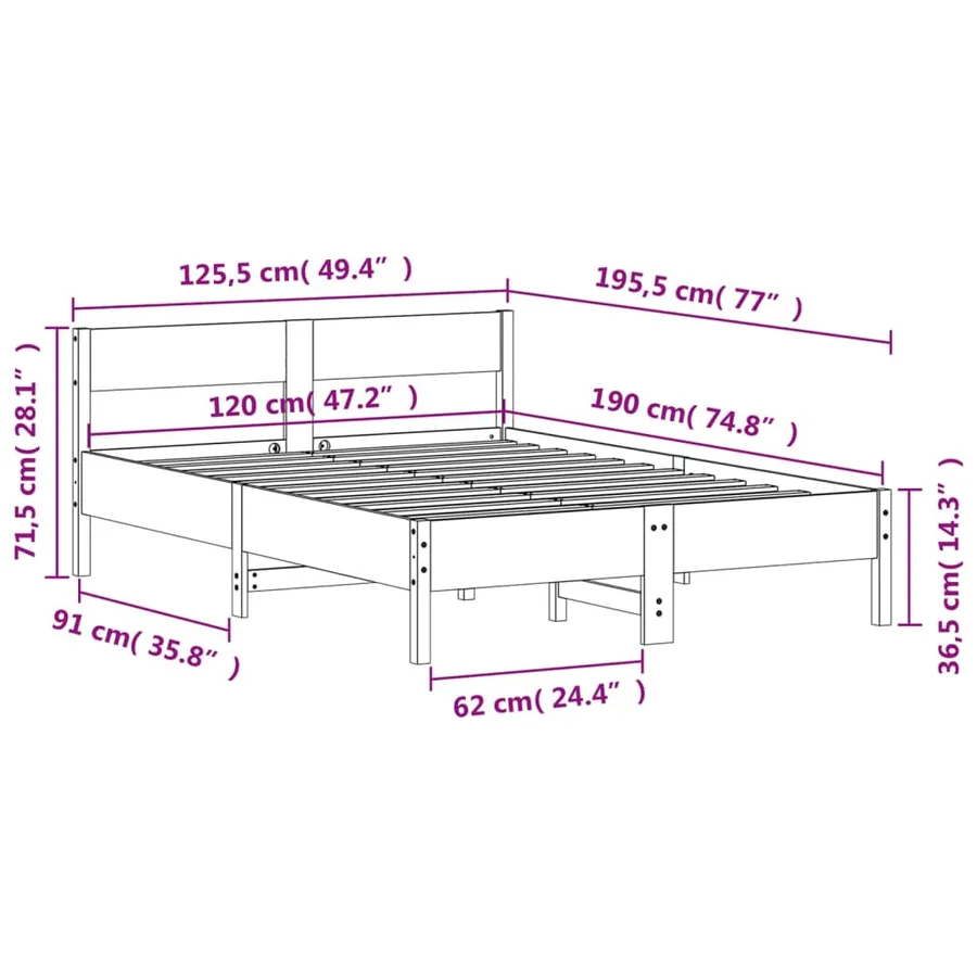 Cadre de lit sans matelas blanc 120x190 cm bois de pin massif - 9