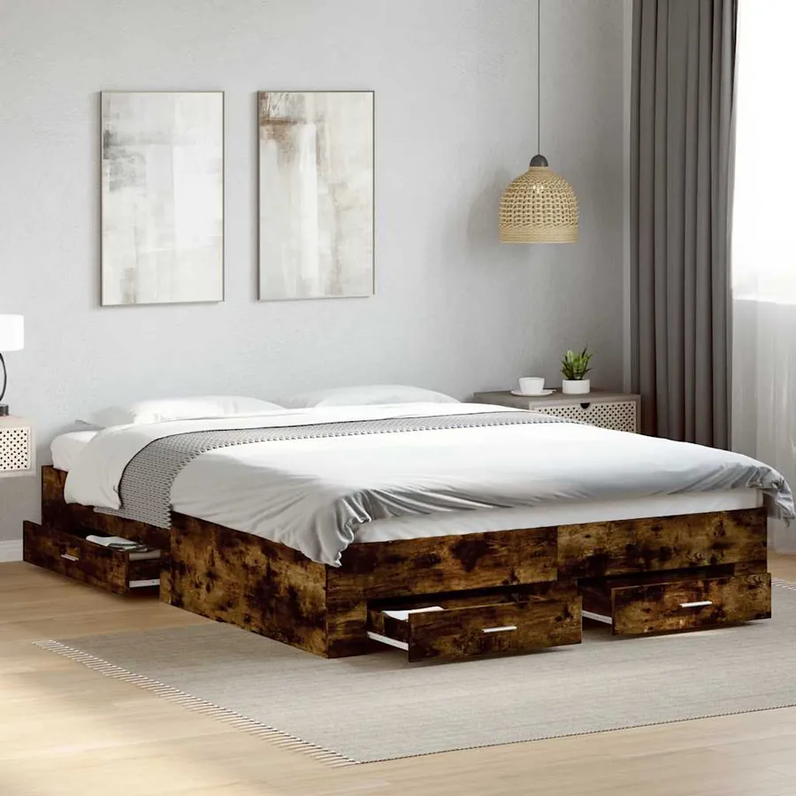 Cadre de lit avec tiroirs sans matelas chêne fumé 150x200 cm