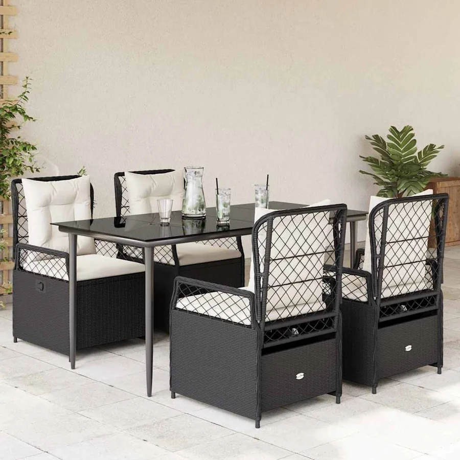 Ensemble à manger de jardin coussins 5pcs Noir Résine tressée