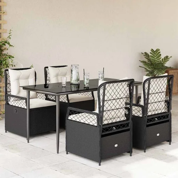 Ensemble à manger de jardin coussins 5pcs Noir Résine tressée