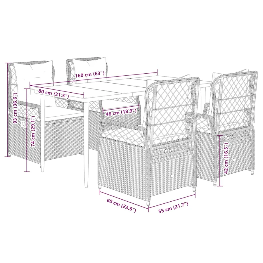 Ensemble à manger de jardin coussins 5pcs Noir Résine tressée - 8