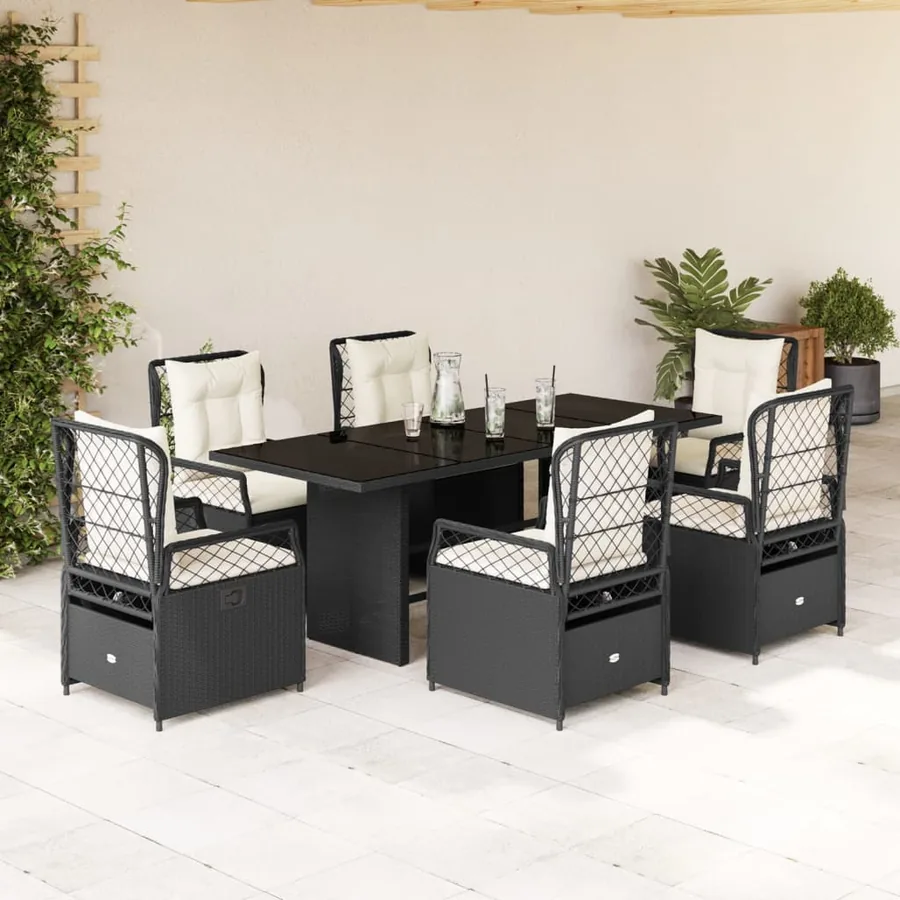 Ensemble à manger de jardin coussins 7pcs Noir Résine tressée