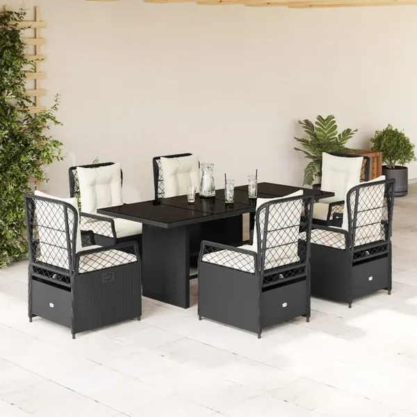 Ensemble à manger de jardin coussins 7pcs Noir Résine tressée