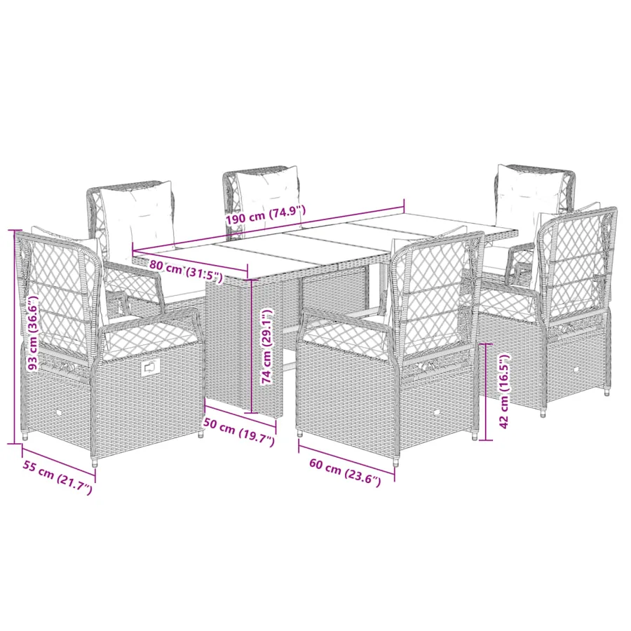 Ensemble à manger de jardin coussins 7pcs Noir Résine tressée - 8
