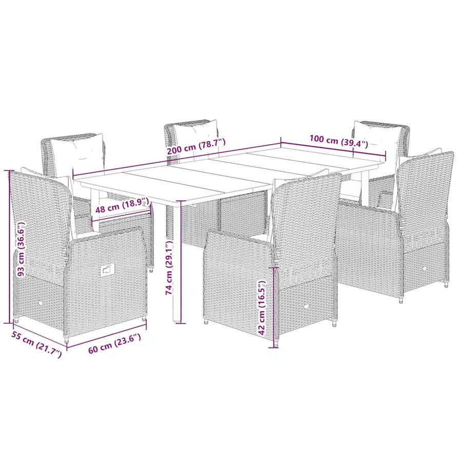 Ensemble à manger de jardin coussins 7pcs Noir Résine tressée - 8