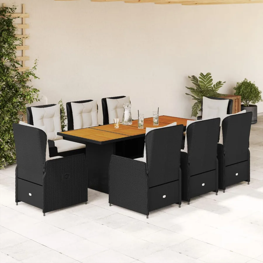 Ensemble à manger de jardin 9pcs coussins noir résine tressée