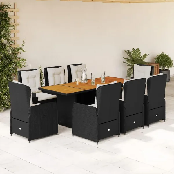Ensemble à manger de jardin 9pcs coussins noir résine tressée