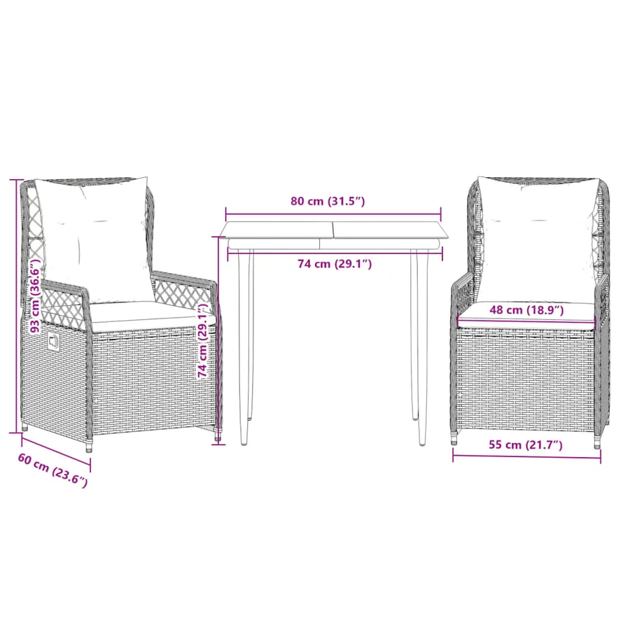 Ensemble à manger de jardin avec coussins 3 pcs Noir - 8