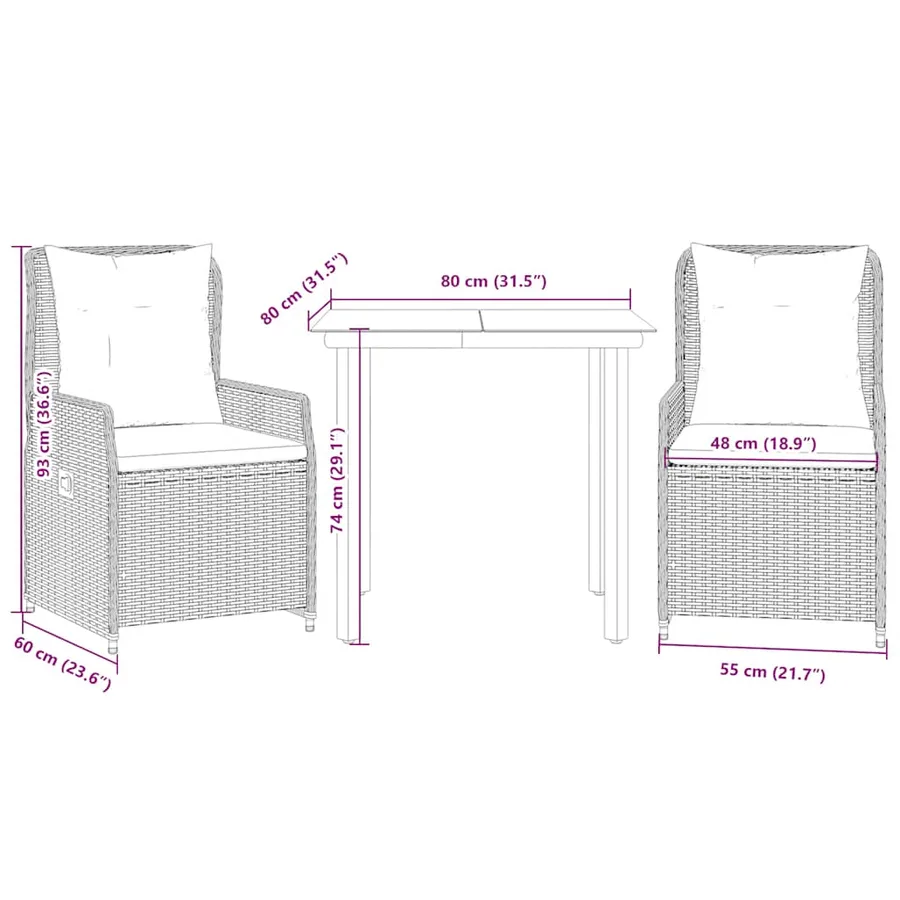 Ensemble à manger de jardin avec coussins 3 pcs Noir - 8