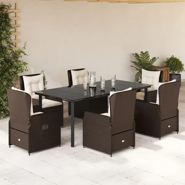 Ensemble à manger de jardin et coussins 7 pcs marron rotin